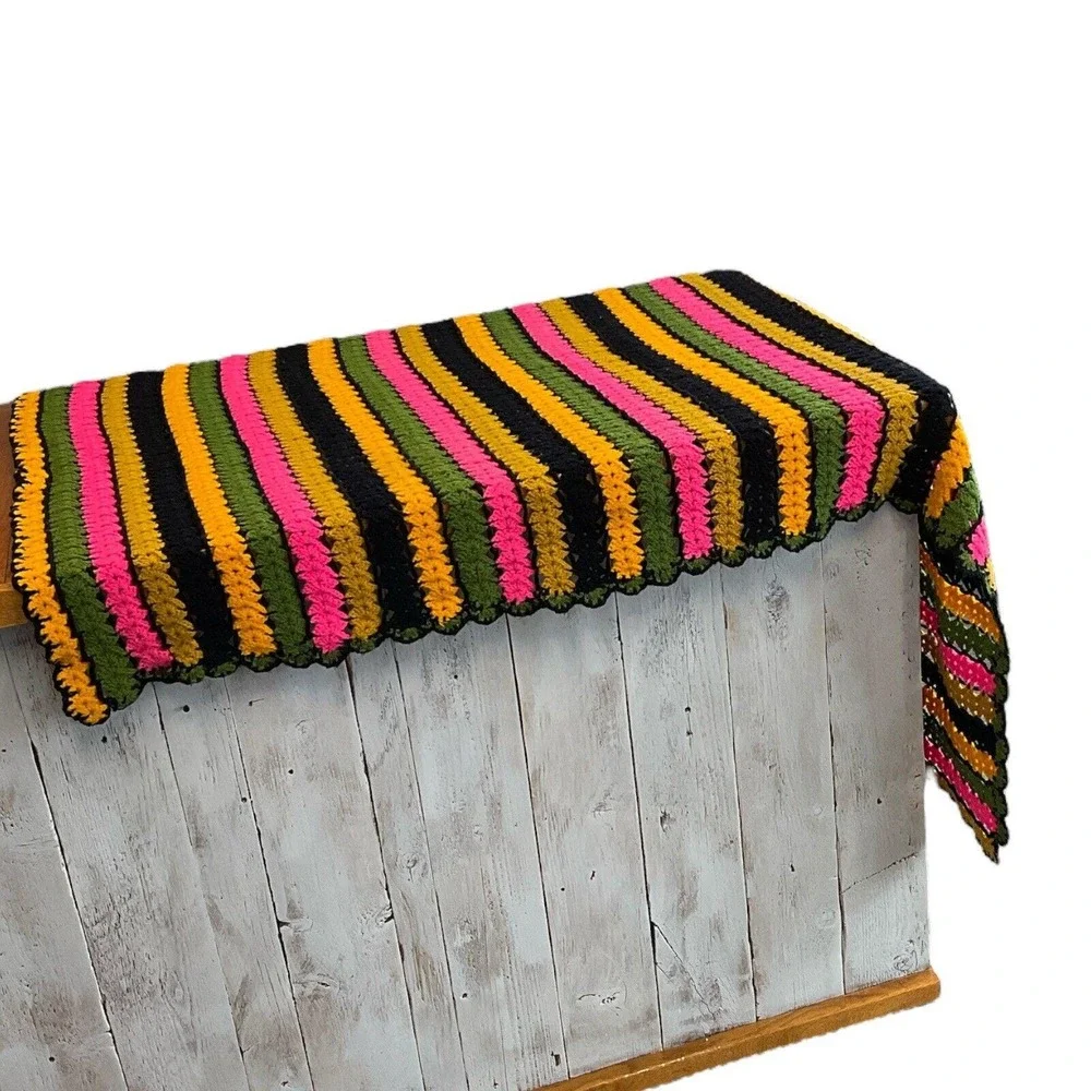 Vintage Handmade Crochet Striped Afghan Retro‎ Boho Sofa Throw Blanket